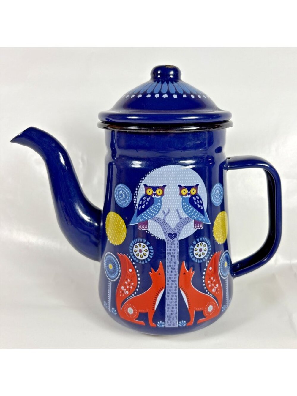 Folklore Dark Blue Enamel Teapot Night & Day Owls Red Foxes Wild & Wolf
